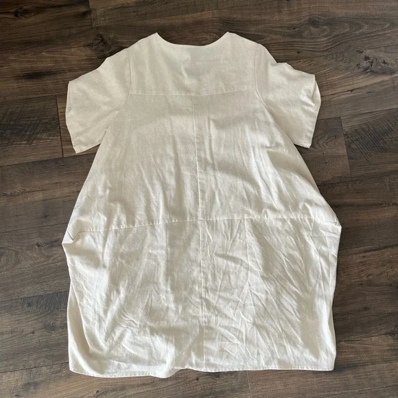 Ivory Cream Linen Pocket Short Sleeve Roll Up Button Dress Casual Comfy One Size - Picture 7 of 10